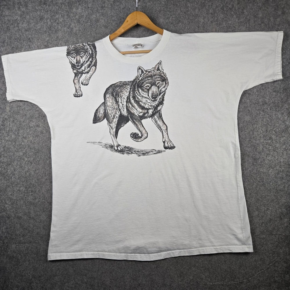 Vintage Art Unlimited Wolf T Shirt Mens XXL White Graphic Print Nature 90s AOP